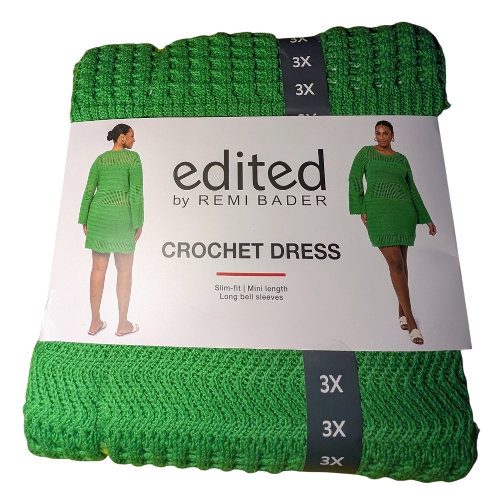 NWT Edited by Remi Bader Green Crochet Mini Dress Bell Sleeve 3X $89 - Picture 3 of 5